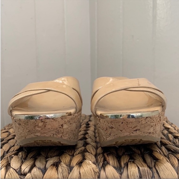 Jimmy Choo Prima Patent Leather Cork Wedge Sandal in Nude - Picture 12 of 15